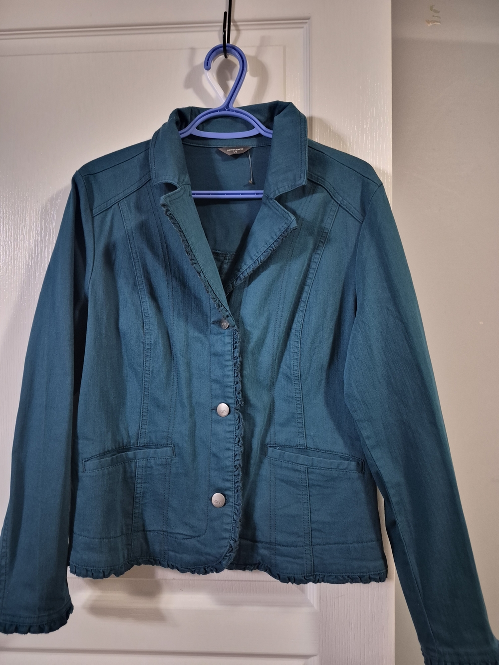 Denver Hayes Teal Ruffled-Edge Button Blazer